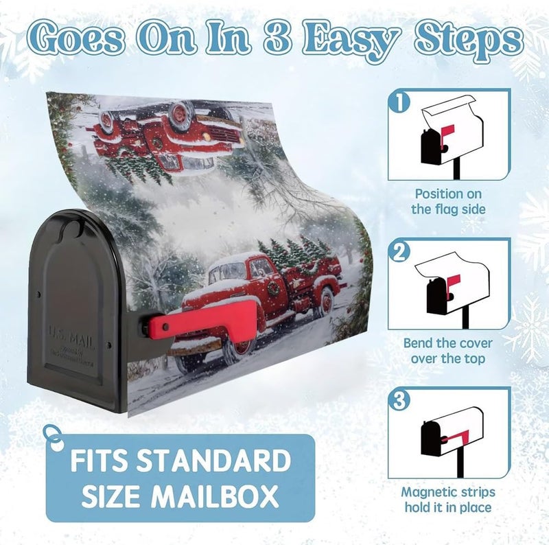 VBXNT Winter Christmas Red Truck Theme Mailbox Cover, Magnetic Waterproof Mailbox Wrap 18x21 Inch Standard Size, Snow Oxford Cloth Mailbox Decoration for Christmas, Thanksgiving, Winter Outdoor Garden (MC9) - Image 4